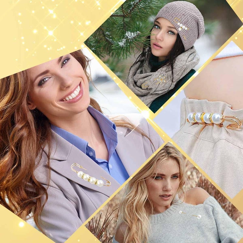 yuntop 5 Pieces Pearl Brooch Safety Pins for Clothes Safety Pin for Women Fashion Sweater Shawl Collar Dresses Cardigan Clips Faux Crystal Pearl Brooches Set for Girls Jewelry Decoration Accessories (Gold) - Image 2